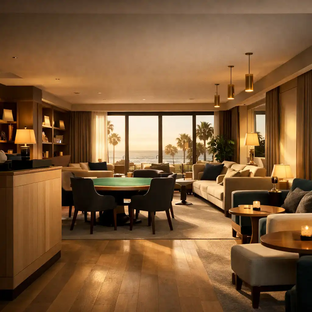 A warm Melbourne-inspired card lounge interior seen from its welcoming entrance pathway.