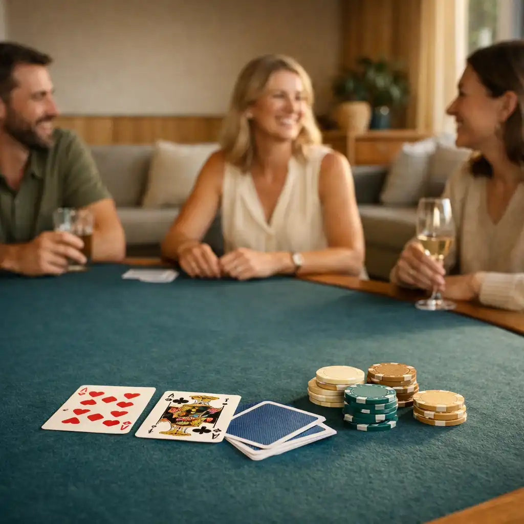 Guests in relaxed conversation around a deep teal felt table in a warm card lounge