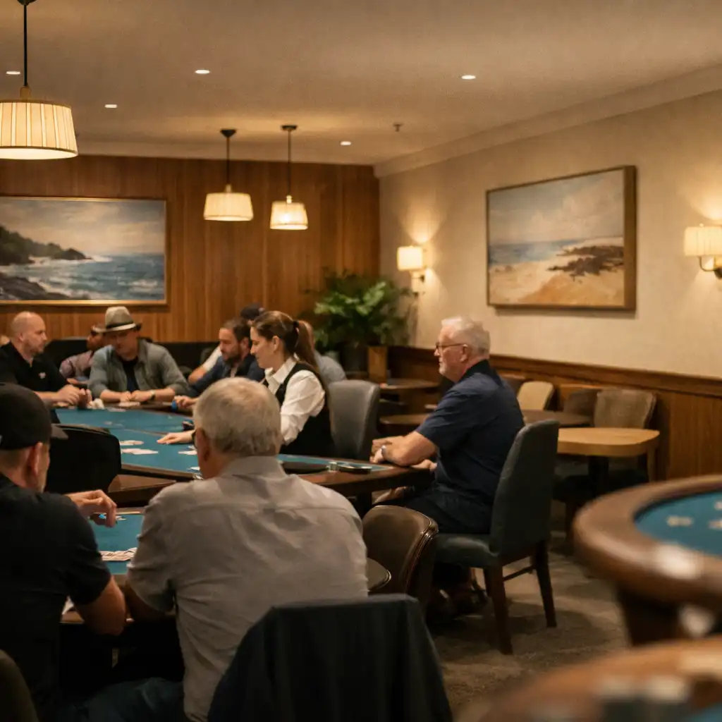 Anonymous guests seated at felt tables in a warm, refined card lounge