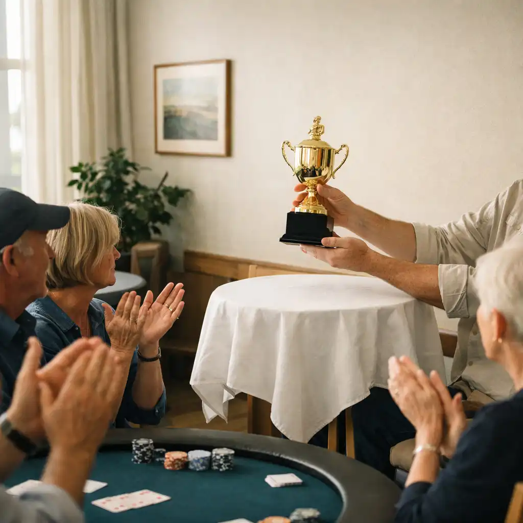 A small trophy raised during a warm, low-key celebration around a card lounge felt table.
