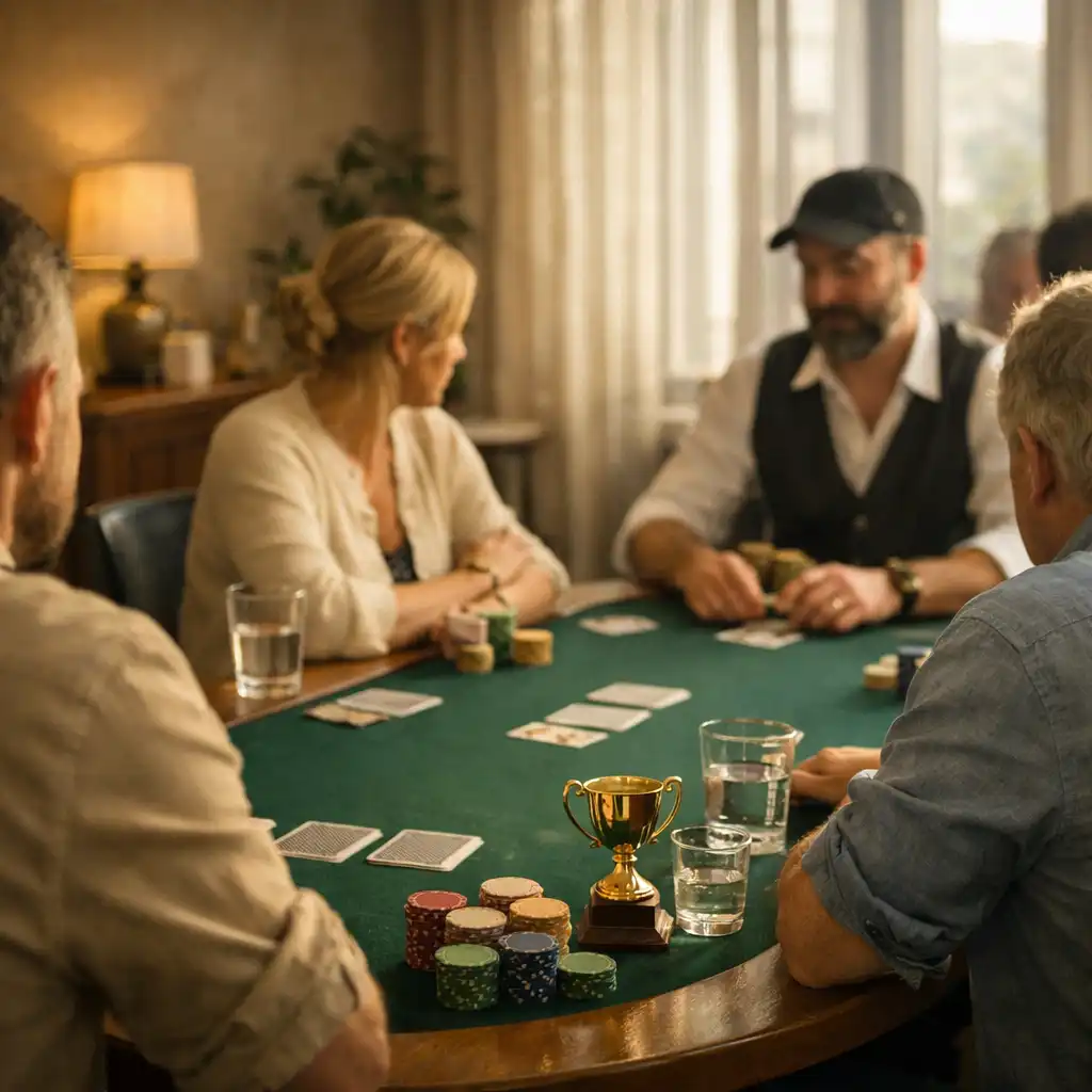 A warm card lounge scene with adults gathered around a deep green felt table, social chips, cards and a small trophy.