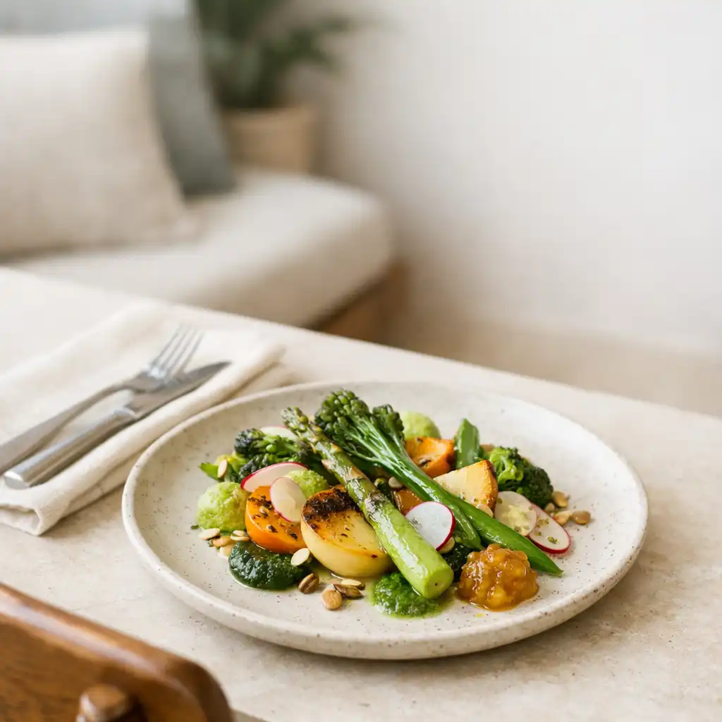 A refined share plate on a pale bistro table with folded ivory linen