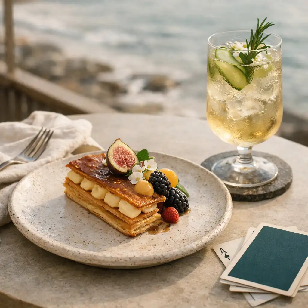 Refined dessert and botanical drink on a coastal lounge table