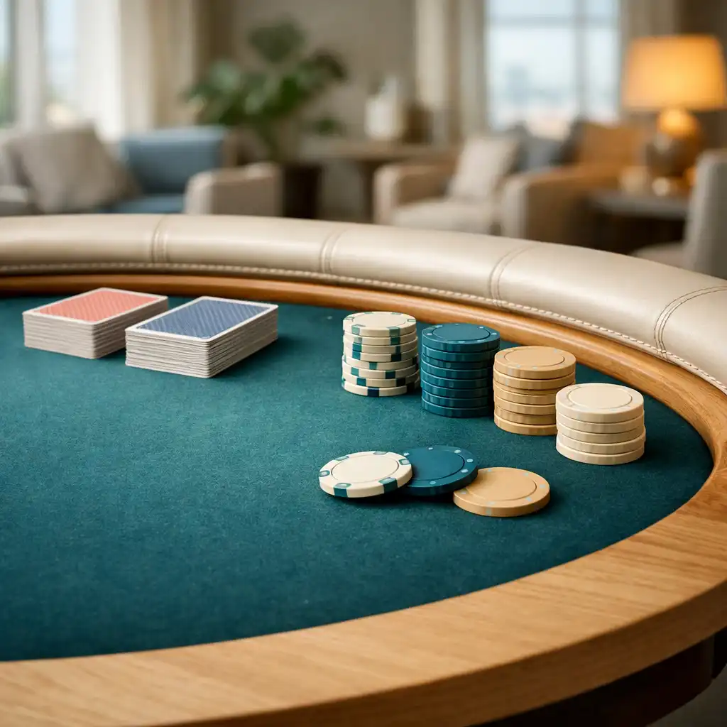 Close view of a custom poker table with teal felt, cards, social chips, and timber edge detail