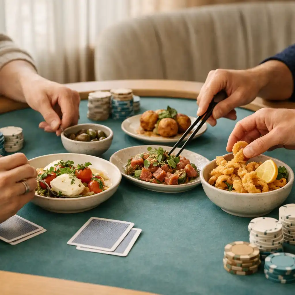 Shared gourmet plates beside social chips and face-down cards at a lounge table