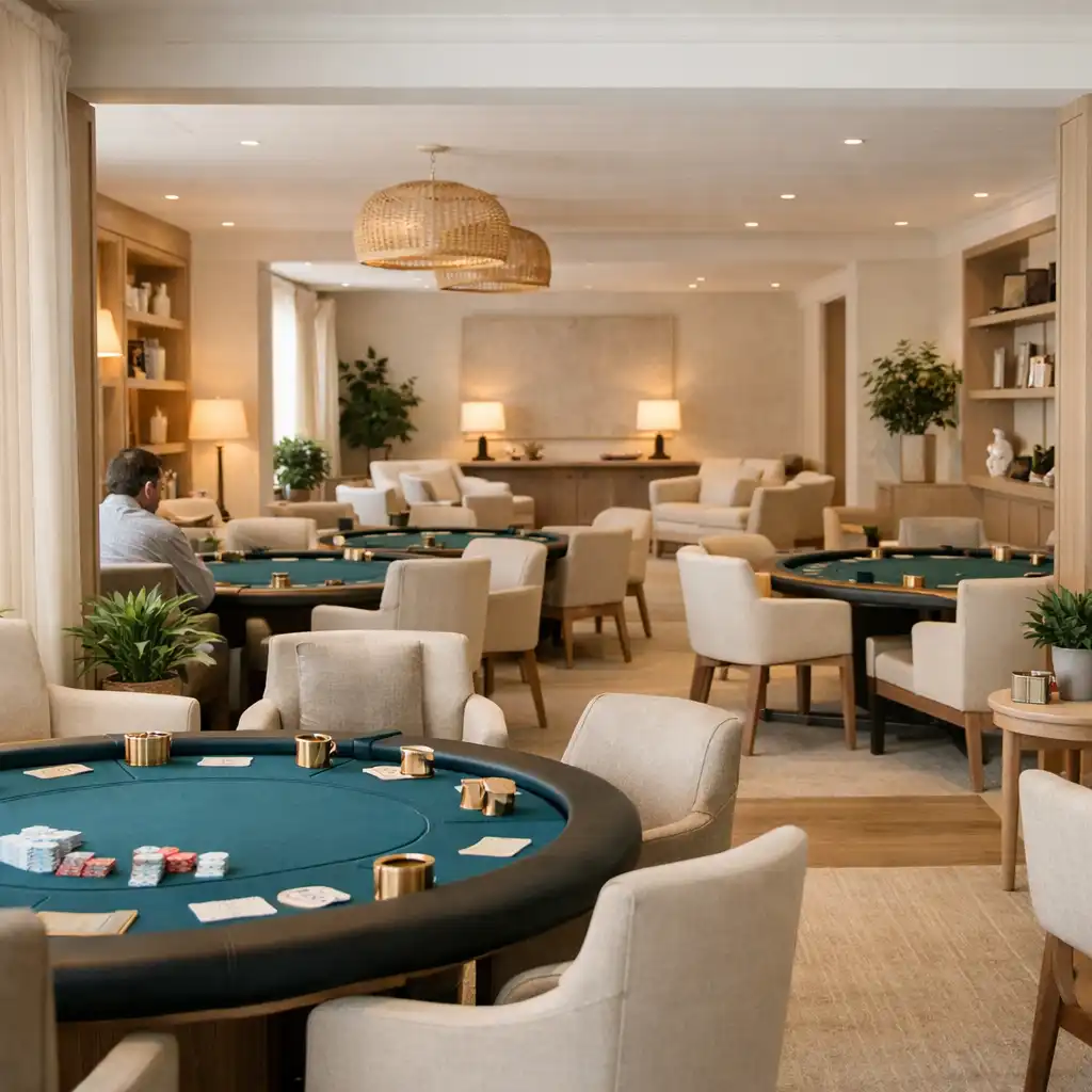 A bright boutique card lounge with ivory seating and prepared felt tables