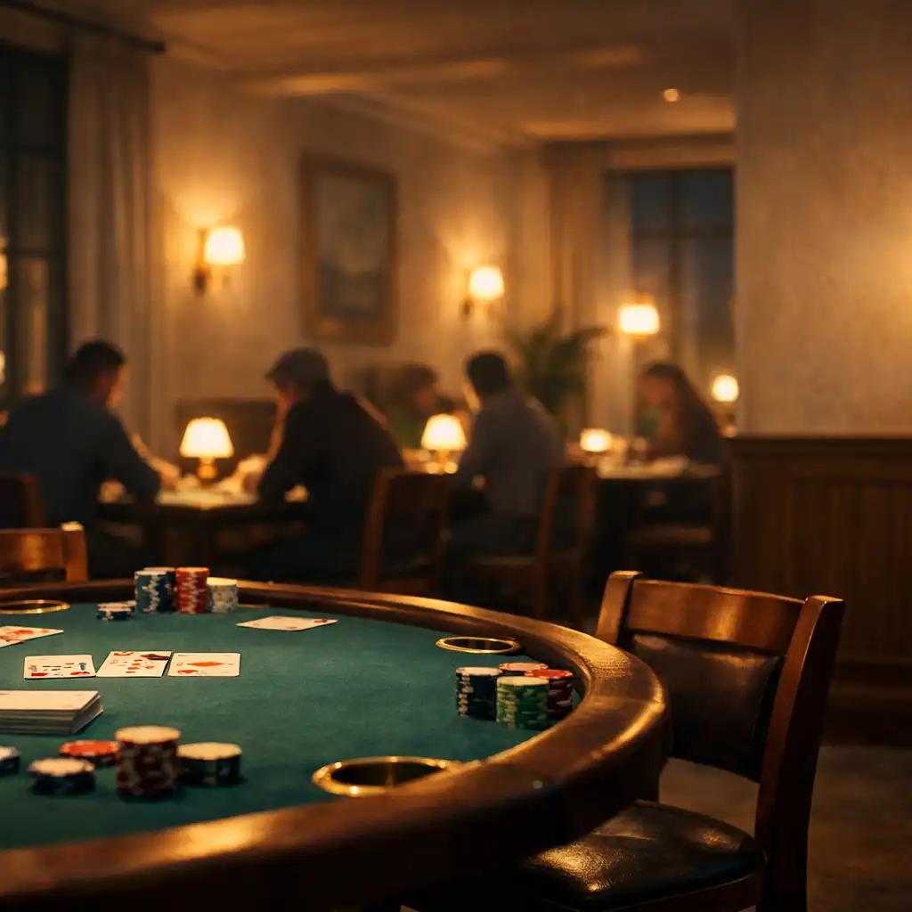 An elegant evening card lounge with deep teal felt tables and warm bistro lighting