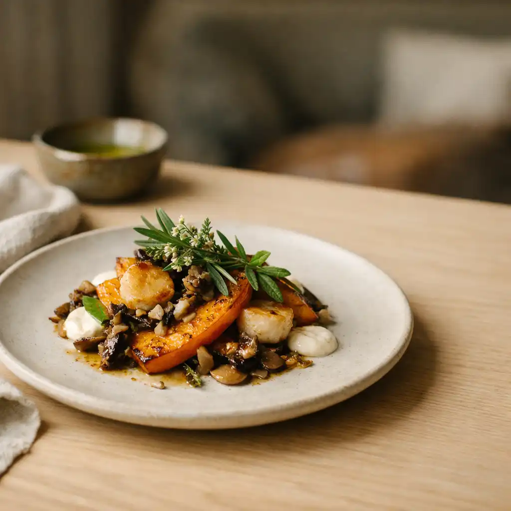 A seasonal plated dish on a pale timber bistro table with folded linen