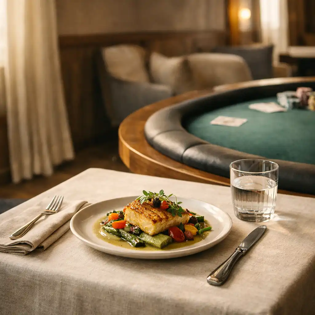 A plated dish on a linen-dressed table beside the edge of a deep teal felt table