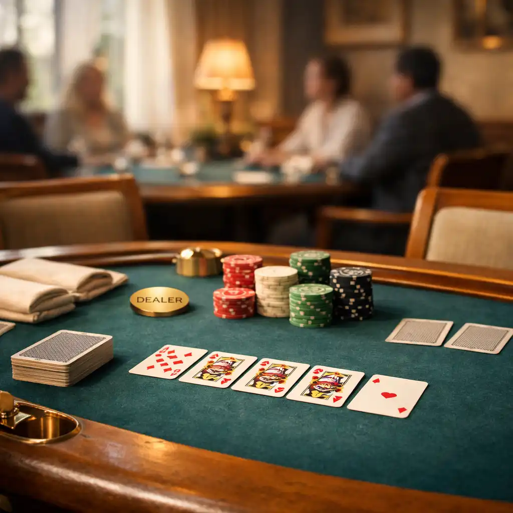 Custom teal felt poker table with warm timber seating in a refined card lounge setting