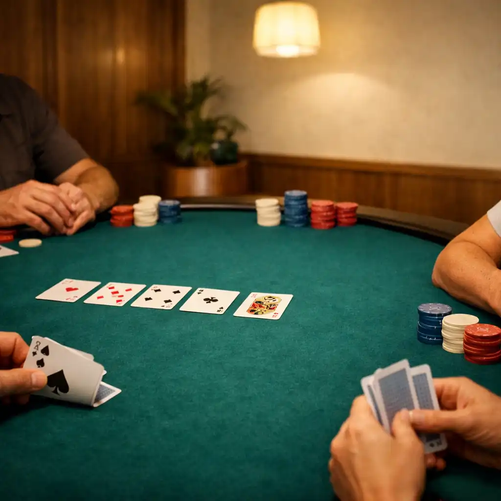 An emerald felt offline poker table in a warm card lounge