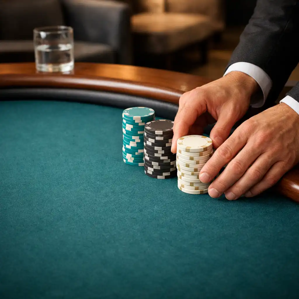 Hands preparing unbranded social chips beside a deep-teal felt table.