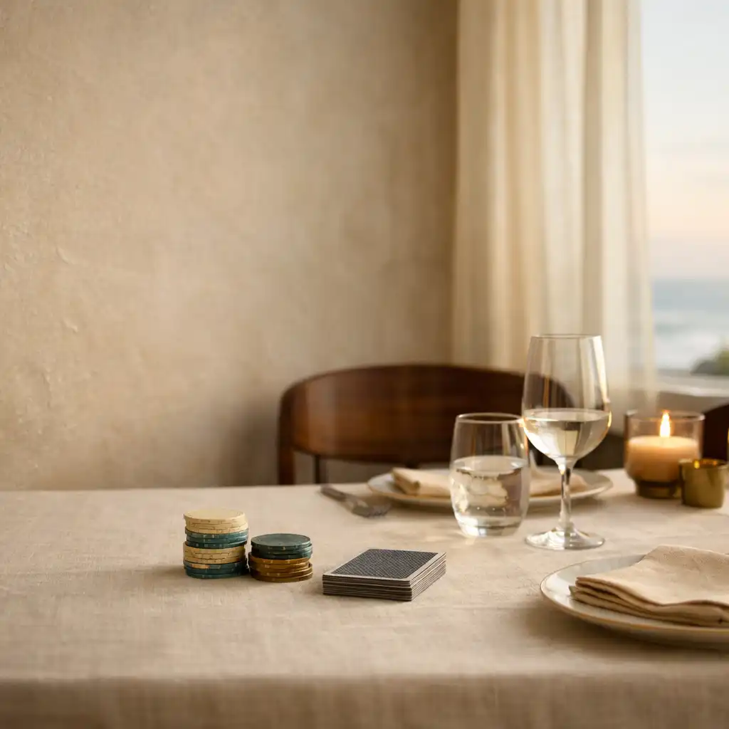 A refined card lounge table set with pale linen, plates, social chips and face-down cards.