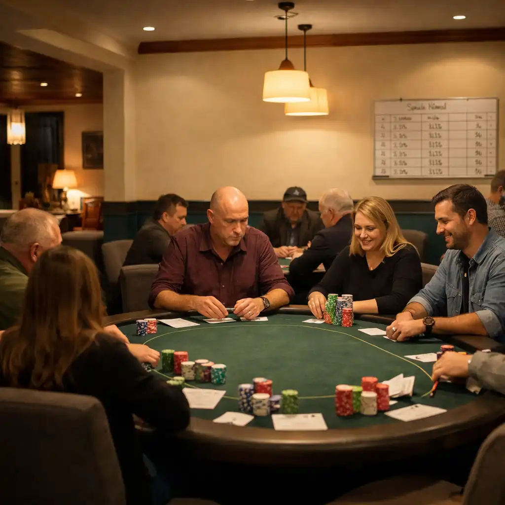Adult guests gathered around felt tables during a social chip tournament evening