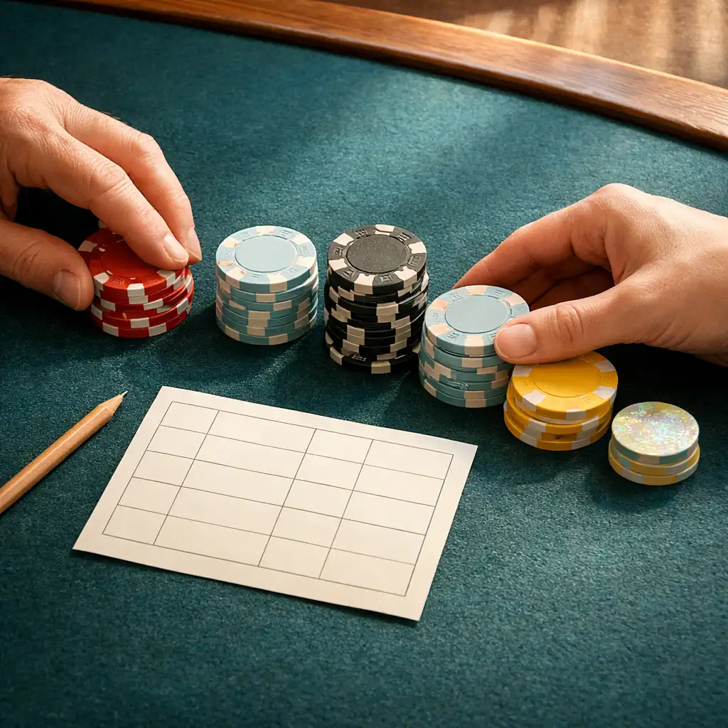 Close view of adult hands arranging social chips beside a points scorecard and pencil on deep teal felt.